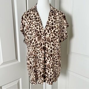 H by Halston Animal Print V-Neck Blouse – Brown & Cream, Collared, Size Medium